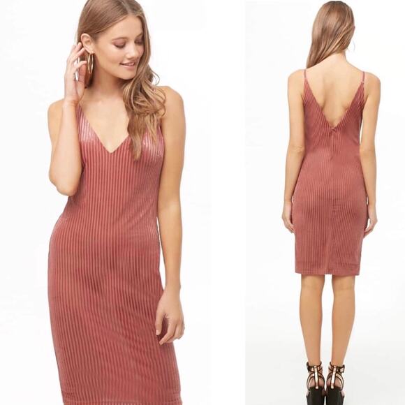 Forever 21 Rose Pink Velvet Ribbed V-Neck Dress Sexy Going Out Club Small - Picture 5 of 7